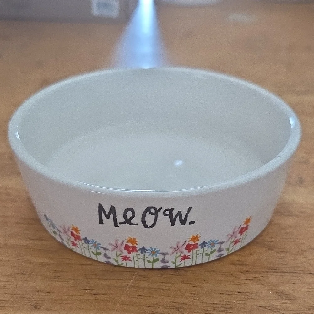 Rae Dunn White Cat Bowl with Floral Design